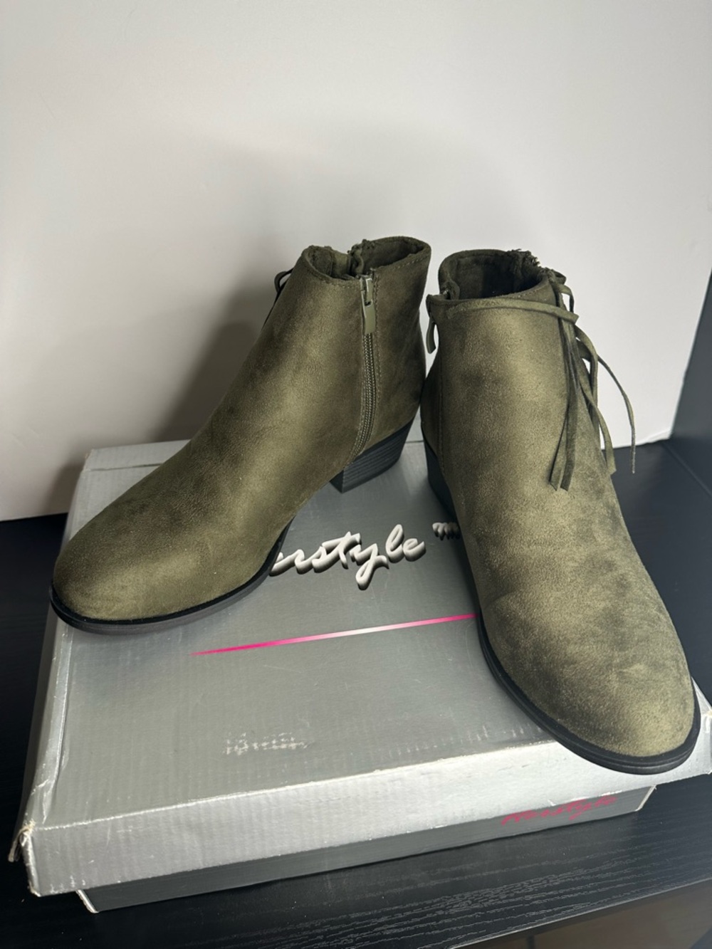 Herstyle Olive Green Suede Fringe Ankle Boots - Picture 3 of 7